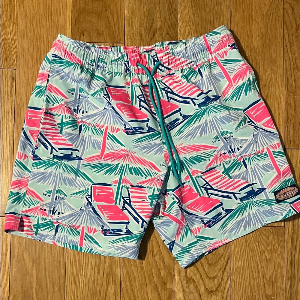 Vineyard Vines Pink and Green Palm Print Swim Shorts